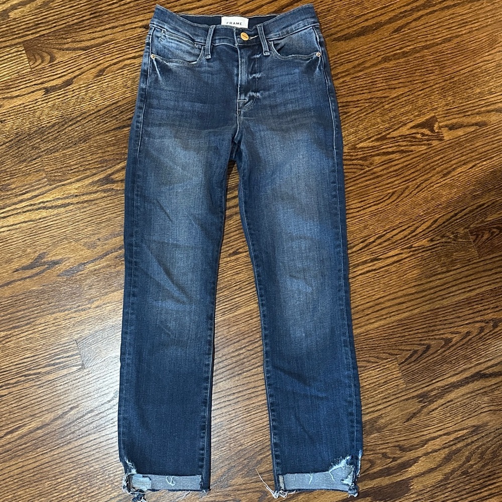 Frame Denim Dark Blue Straight-Leg Jeans with Frayed Hem